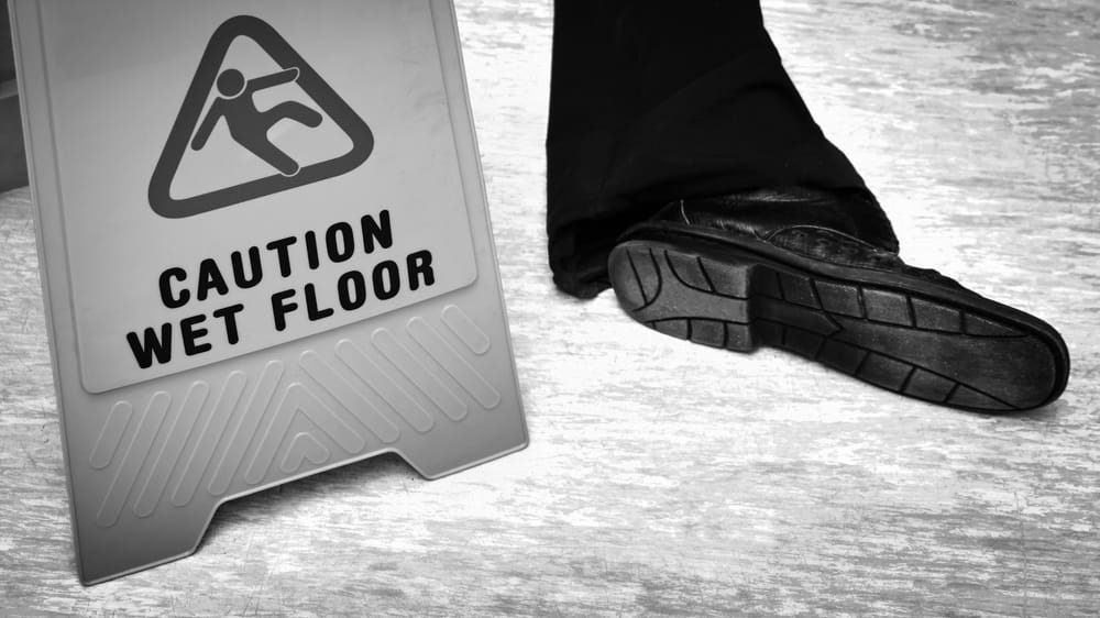 Señal de piso mojado junto a un pie a punto de resbalar, ilustrando la responsabilidad del propietario por condiciones peligrosas en Florida